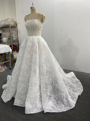 A-Line Lace Wedding Dress Strapless Sheer Bodice Floral Embroidery Lace-Up Corset