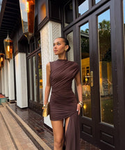 Asymmetric Ruched Mini Dress with Floor-Length Side Train