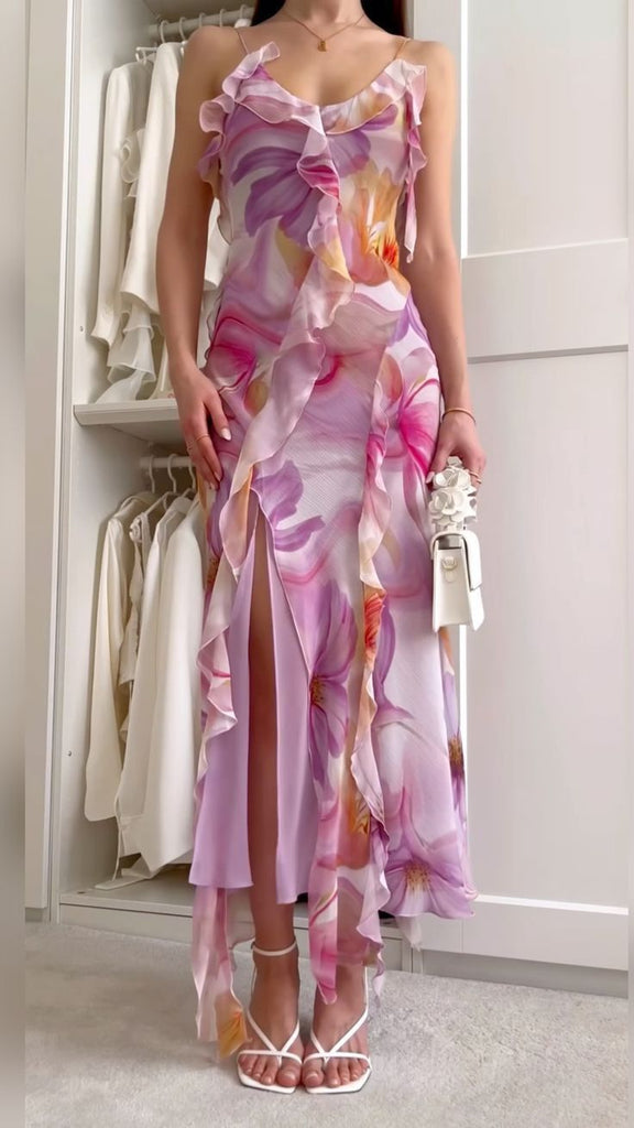 asymmetric ruffle maxi dress Charmayne Asymmetric Ruffle Trim Maxi Dress Pink