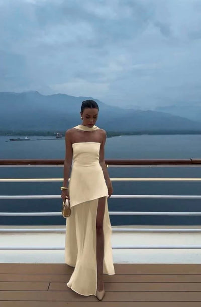 Asymmetric Strapless Gown with Chiffon Overlay