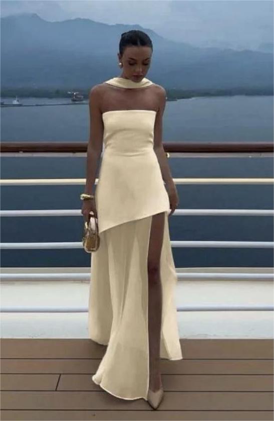 Asymmetric Strapless Gown with Chiffon Overlay - Princessly Asymmetric Strapless Gown with Chiffon Overlay - Princessly