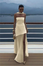 Asymmetric Strapless Gown with Chiffon Overlay