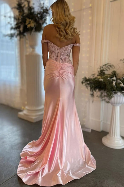 Off-Shoulder Sweetheart Lace Pleated Side Slit Mermaid Prom Dress