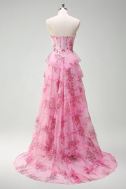 A-line Pink Floral Chiffon Strapless Tiered Long Sweep Prom Dress, Slit