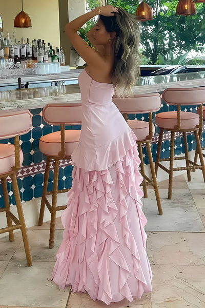 Pink Strapless Sleeveless Ruffles High Slit Formal Prom Party Dress