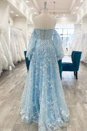 Princess Sweetheart Lavender Bustier Puff Sleeve Lace Long Prom Gown, Slit