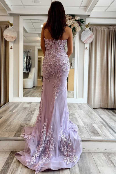 Mermaid Strapless Lilac Lace Tulle Sweetheart Floor Length Court Train Prom Dress, Slit