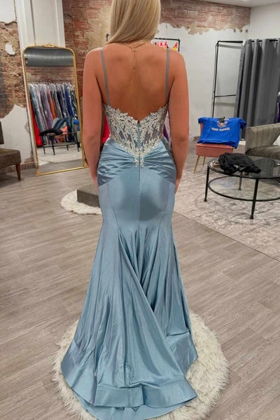 Mermaid Blue Satin Spaghetti Straps V-neck Open Back Pleated Prom Gown, Beading