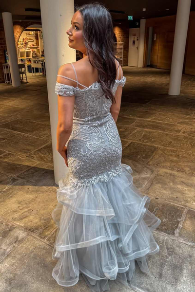Mermaid Straps Off-Shoulder Illusion V-Neck Lace Tulle Ruffles Prom Dress