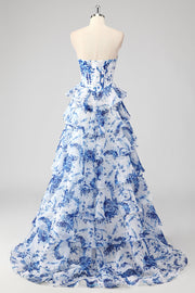 Blue White Floral A-Line Sweetheart Chiffon Tiered Long Prom Dress, Slit