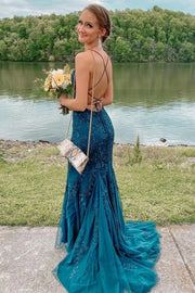 Mermaid Scoop Neck Straps Sleeveless Teal Blue Lace Tulle Formal Prom Dress