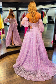 Princess Sweetheart Lavender Bustier Puff Sleeve Lace Long Prom Gown, Slit