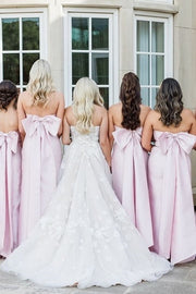 Sheath Strapless Pleated Pink Satin Floor Length Bridesmaid Dress, Bow Straps Slit