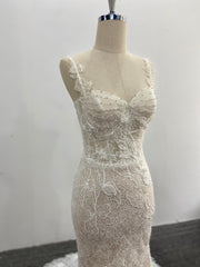 Lace Mermaid Wedding Dress Spaghetti Strap 3D Floral Beading Court Train