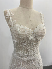 Lace Mermaid Wedding Dress Spaghetti Strap 3D Floral Beading Court Train