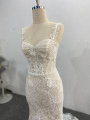 Lace Mermaid Wedding Dress Spaghetti Strap 3D Floral Beading Court Train