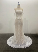 Beaded Lace Wedding Dress Long Sleeveless Off Shoulder Sheath/Column in Stock
