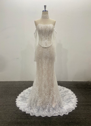 Beaded Lace Wedding Dress Long Sleeveless Off Shoulder Sheath/Column in Stock