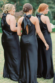 Sheath Black Charmeuse Halter Cutout Back Long Bridesmaid Dress, Bow