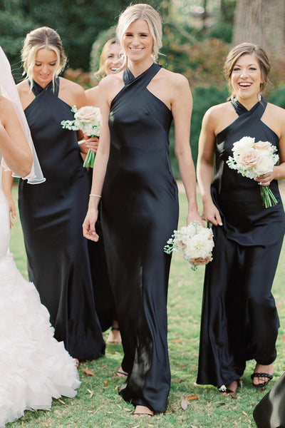 Sheath Black Charmeuse Halter Cutout Back Long Bridesmaid Dress, Bow