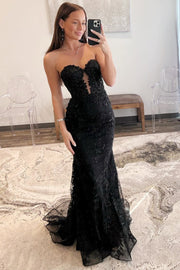 Trumpet Beaded Lace Strapless Sweetheart Keyhole Long Prom Dress
