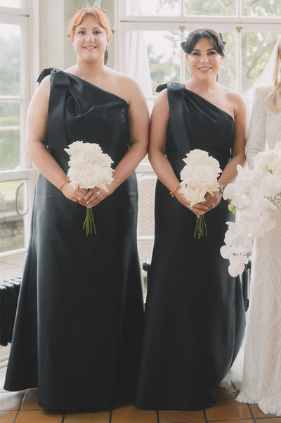Mermaid Black Satin One-Shoulder Bow Strap Floor Length Bridesmaid Dress