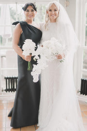 Mermaid Black Satin One-Shoulder Bow Strap Floor Length Bridesmaid Dress