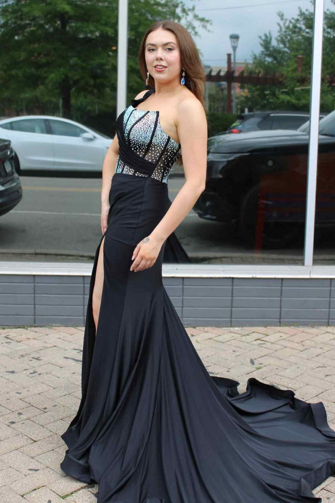Black One Shoulder Beads Sleeveless Long Sweep Prom Dress, Slit