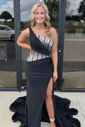 Black One Shoulder Beads Sleeveless Long Sweep Prom Dress, Slit