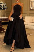 Black Satin Strapless High-low A-Line Sleeveless Long Formal Dress