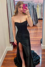 Mermaid  Strapless Scoop Sequin Satin High Slit Long Prom Dress