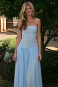 Blue A-Line Strapless Satin Chiffon Pleated Long Prom Dress