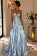 Blue A-Line Strapless Pleats Sleeveless Long Sweep Prom Dress