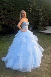 Blue A-Line Strapless Empire-Waist Ruffles Long Dress