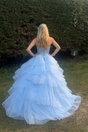 Blue A-Line Strapless Empire-Waist Ruffles Long Dress