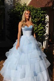 Blue A-Line Strapless Empire-Waist Ruffles Long Dress