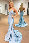 Blue Satin Mermaid Spaghetti Straps V Neck Backless Long Prom Party Dress