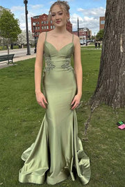 Blue Satin Mermaid Spaghetti Straps Backless Long Prom Dress, Party Dress