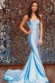 Blue Satin Mermaid Spaghetti Straps Backless Long Prom Dress, Party Dress