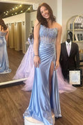 Strapless Mermaid Prom Dress Blue Satin Scoop Lace Appliques, Slit