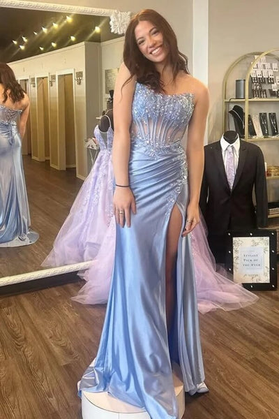 Blue Satin Strapless Mermaid Lace Appliques Prom Dress With Slit, Party Dresses
