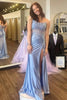 Strapless Mermaid Prom Dress Blue Satin Scoop Lace Appliques, Slit