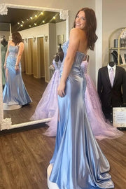 Blue Satin Strapless Mermaid Lace Appliques Prom Dress With Slit, Party Dresses