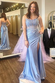 Blue Satin Strapless Mermaid Lace Appliques Prom Dress With Slit, Party Dresses