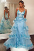 Abito da concorso in organza con paillettes blu sirena, scollo a V in pizzo, strascico a più livelli