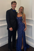 Blue Strapless Mermaid Sweetheart Lace Floor Length Prom Dress, Slit