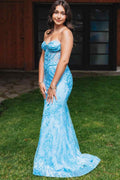 Blue Satin Strapless Sweetheart Mermaid Long Sweep Prom Dress, Beads