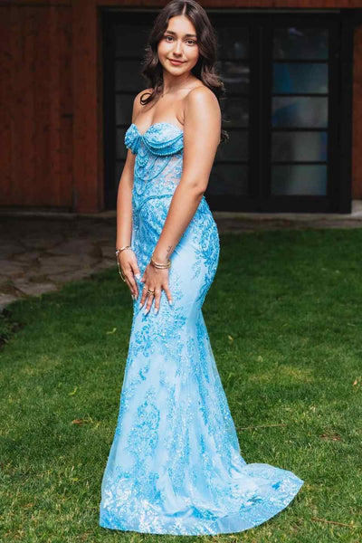 long train prom dresses Beaded Black Satin Strapless Long Train Prom Dress