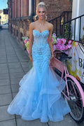 Tumpet Blue Strapless Sweetheart Ruffles Lace Long Prom Dress