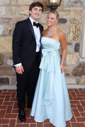 Blue Strapless A-Line Empire-Waist Sleeveless Long Prom Formal Dress, Bow